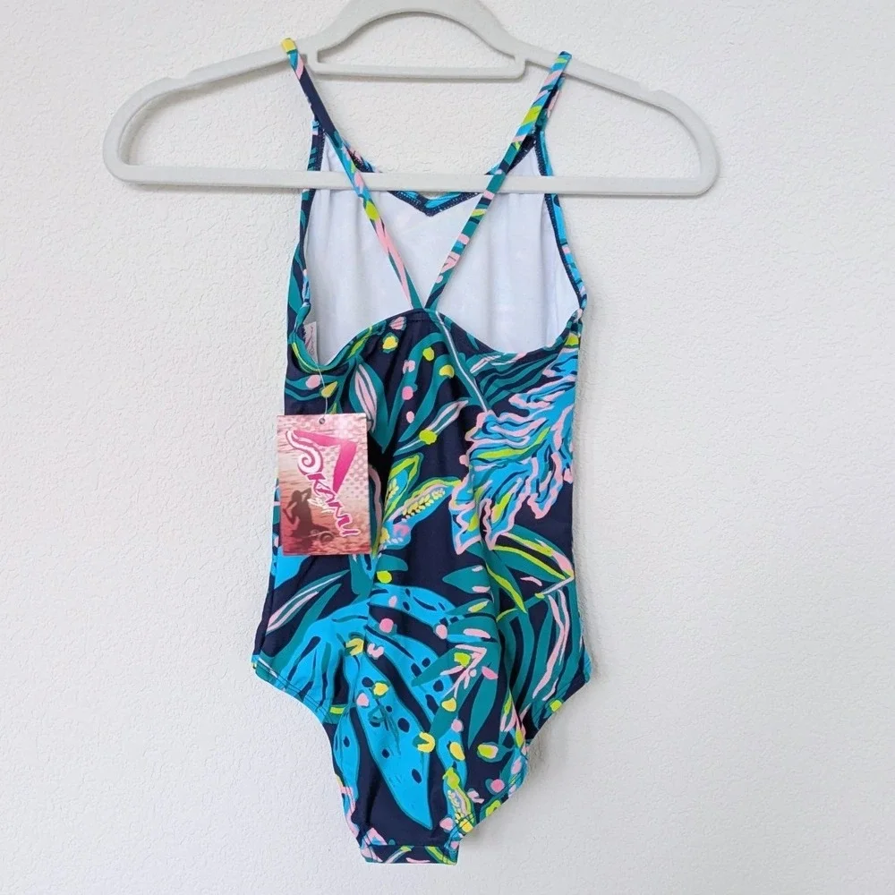 Kanu‎ Surf Tammy One Piece Swimsuit Girls 12 Navy Tropical Leaf